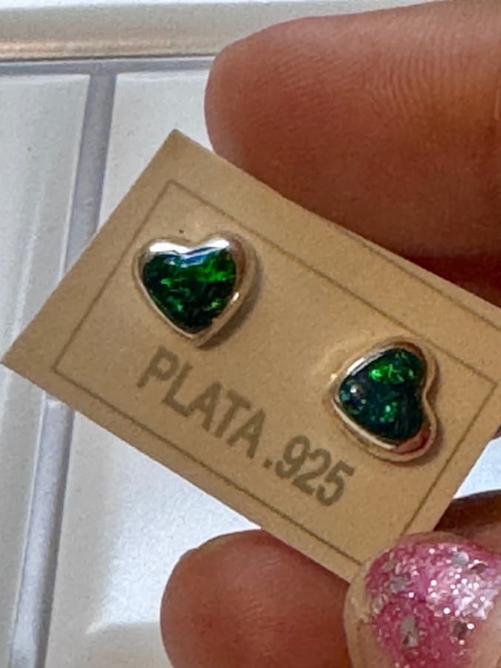 Sterling Silver Heart Stud Earrings with Green Opal Inlay - .925